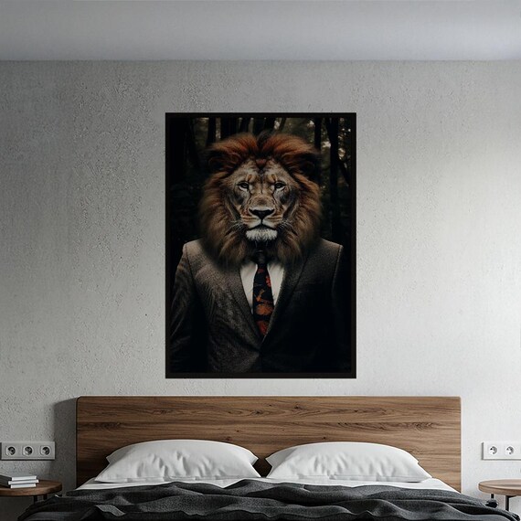 Majestic Lion In Suit Poster Sophisticated Anthropomorphic Animal Wall Art Executive Office Decor Unique Gentleman Print