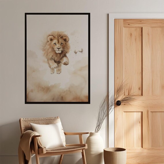 Watercolor Lion Art Print For Nursery Decor Gentle Safari Animal Wall Kids Room Adventure Poster Earthy Baby Shower Gift