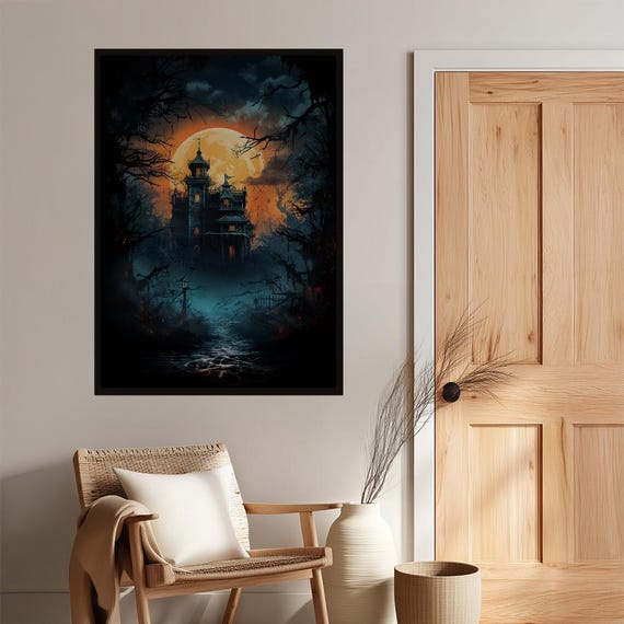 Haunted Mansion Full Moon Poster Gothic Spooky Halloween Wall Art Eerie Dark Fantasy Print Mysterious House Decor Atmospheric Horror