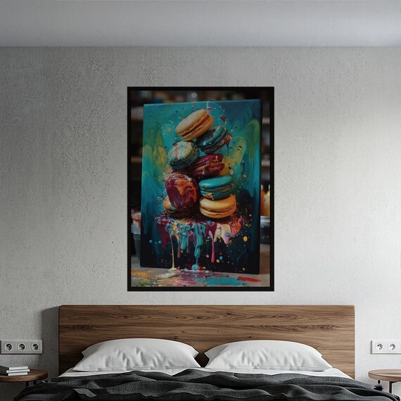 Colorful Macaron Tower Teal Splatter Abstract Sweet Dessert Art Poster