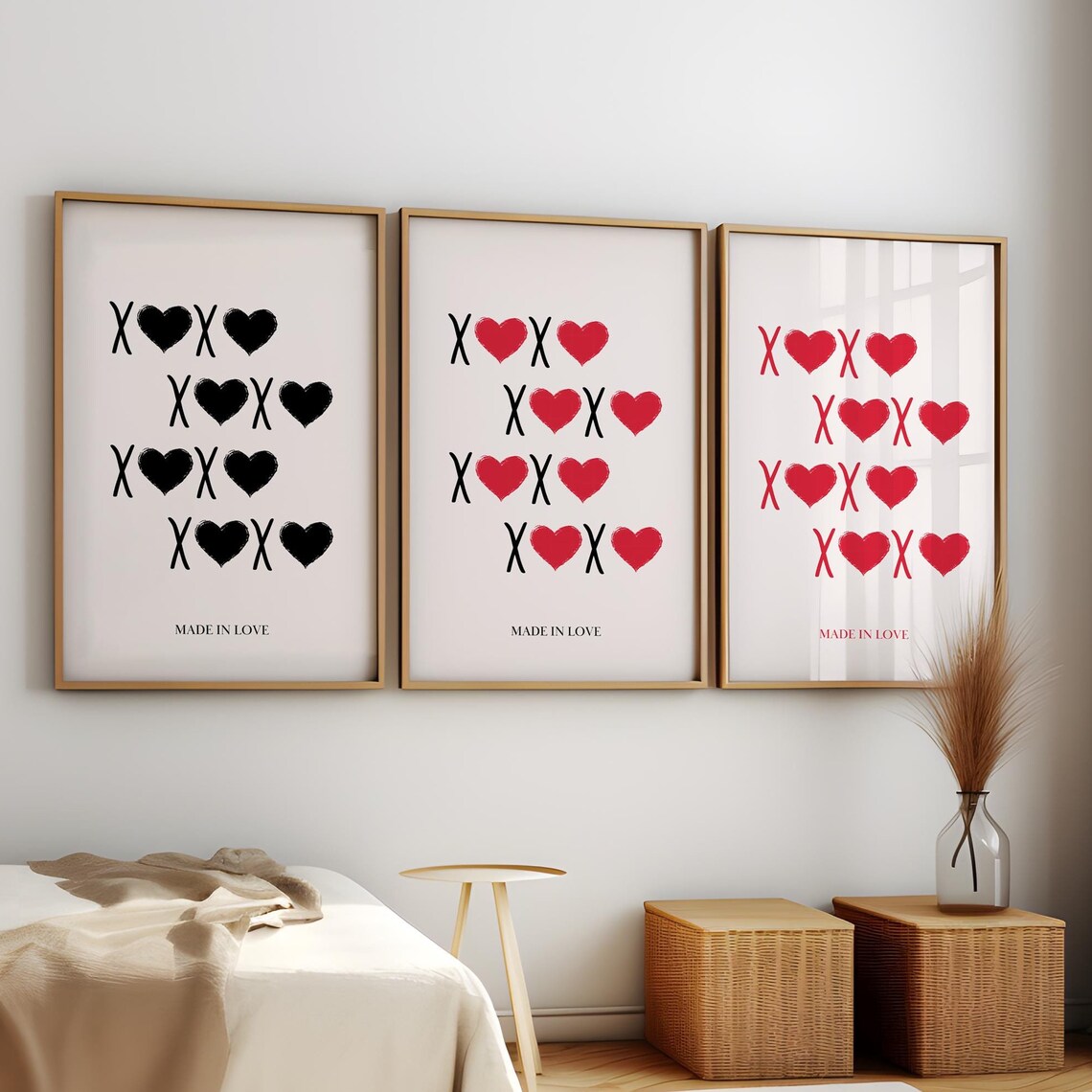 XOXO Hearts Made In Love Typography Poster Set of 3 Red Black