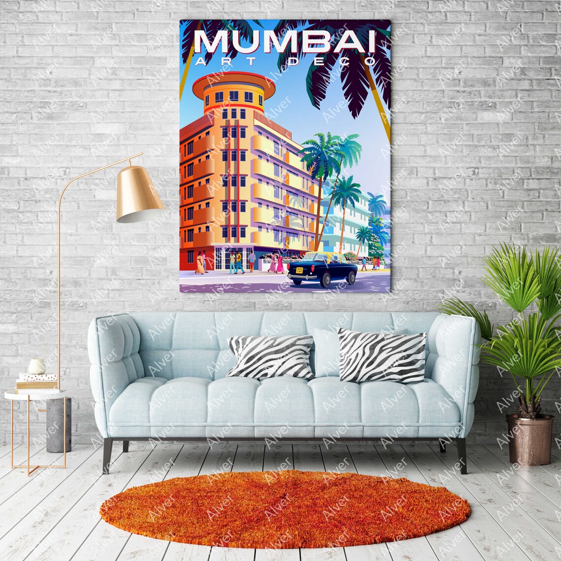 Mumbai Art Deco Building Palms Vintage Car Retro Travel Poster - Image 2