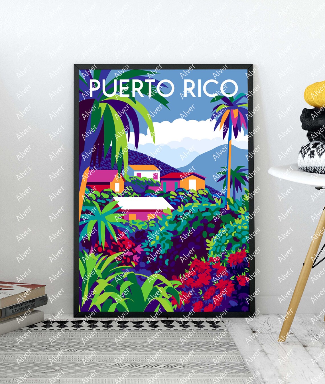 Puerto Rico Caribbean Hillside Jungle Houses Colorful Travel Poster - Image 2