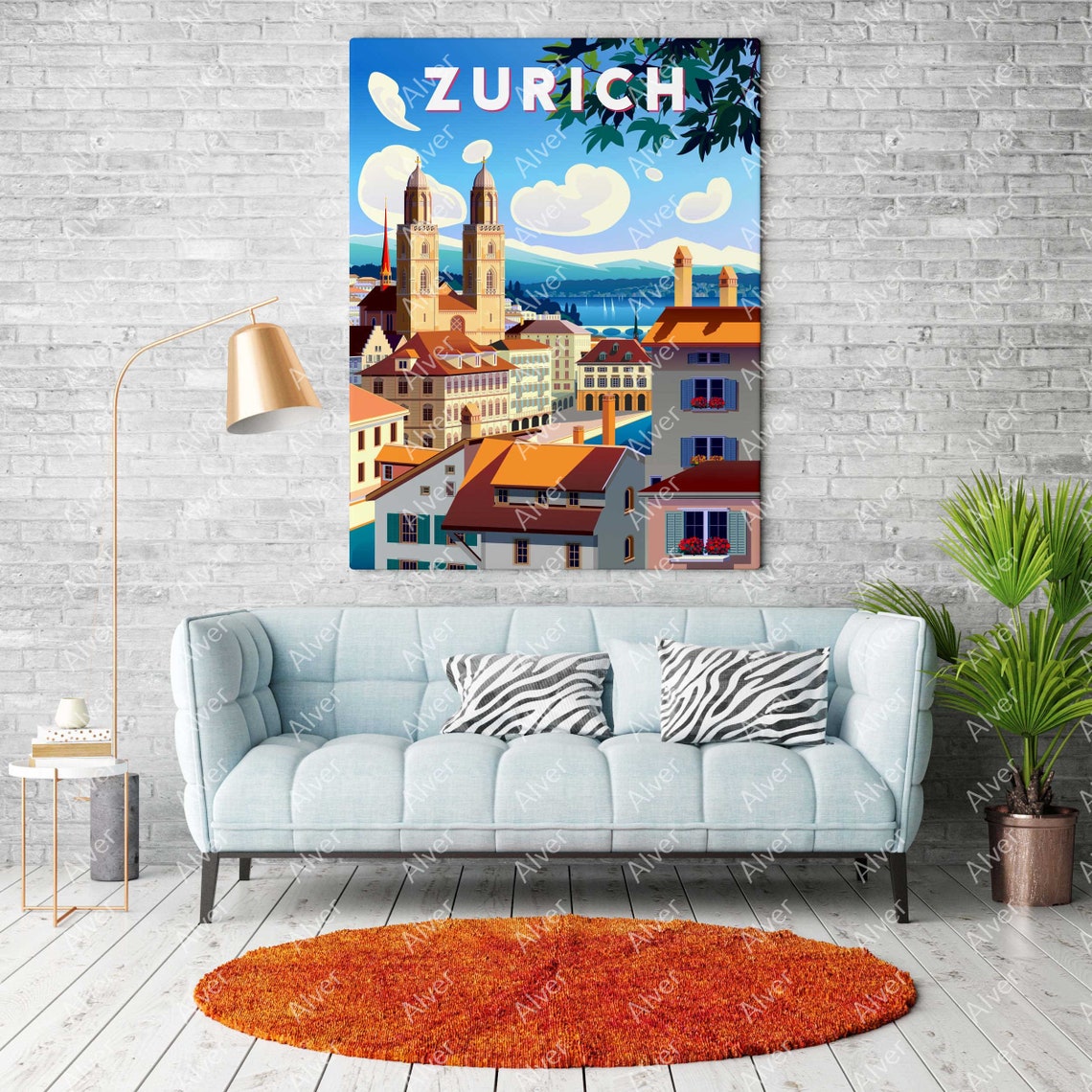 Zurich Switzerland Grossmunster Old Town Lake Alps Travel Poster - Image 2
