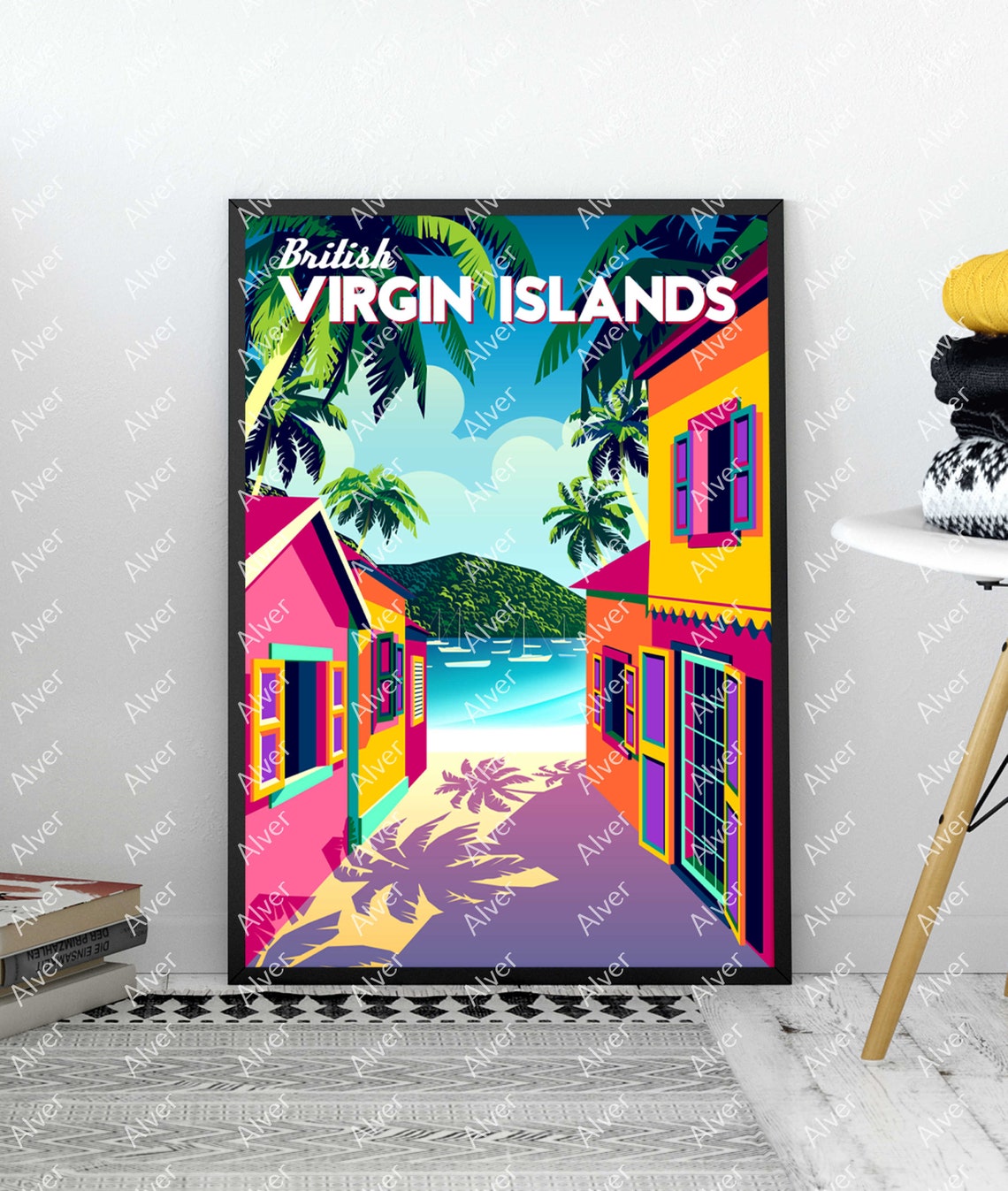 British Virgin Islands Travel Poster With Colorful Street to the Beach - Image 3