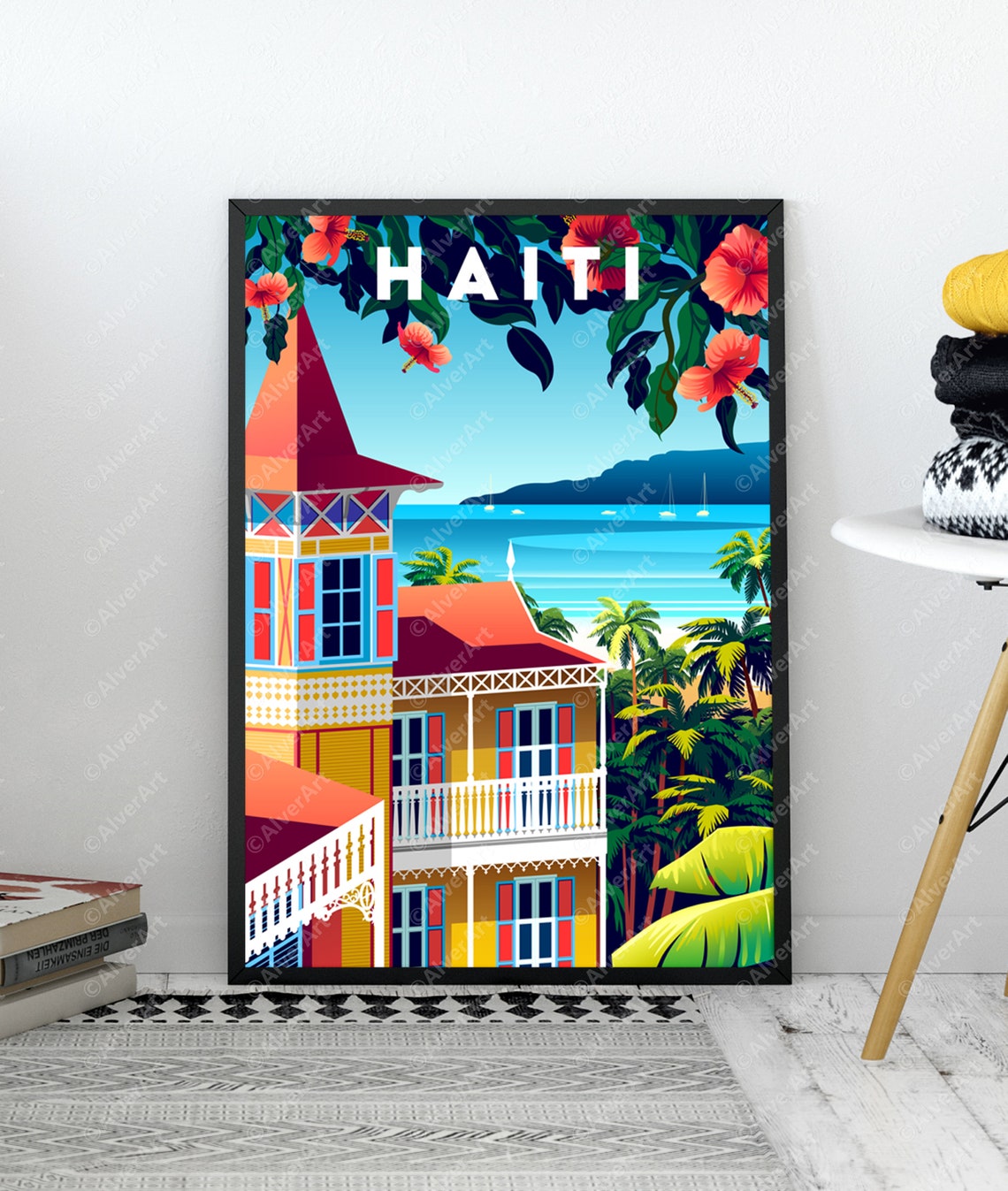 Haiti Colonial Gingerbread Houses Hibiscus Coast Travel Poster - Image 3