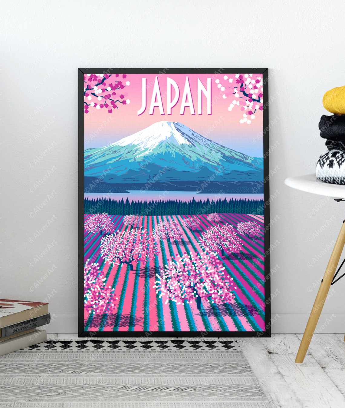 Japan Mount Fuji Vintage Travel Poster With Cherry Blossoms in Bloom - Image 2