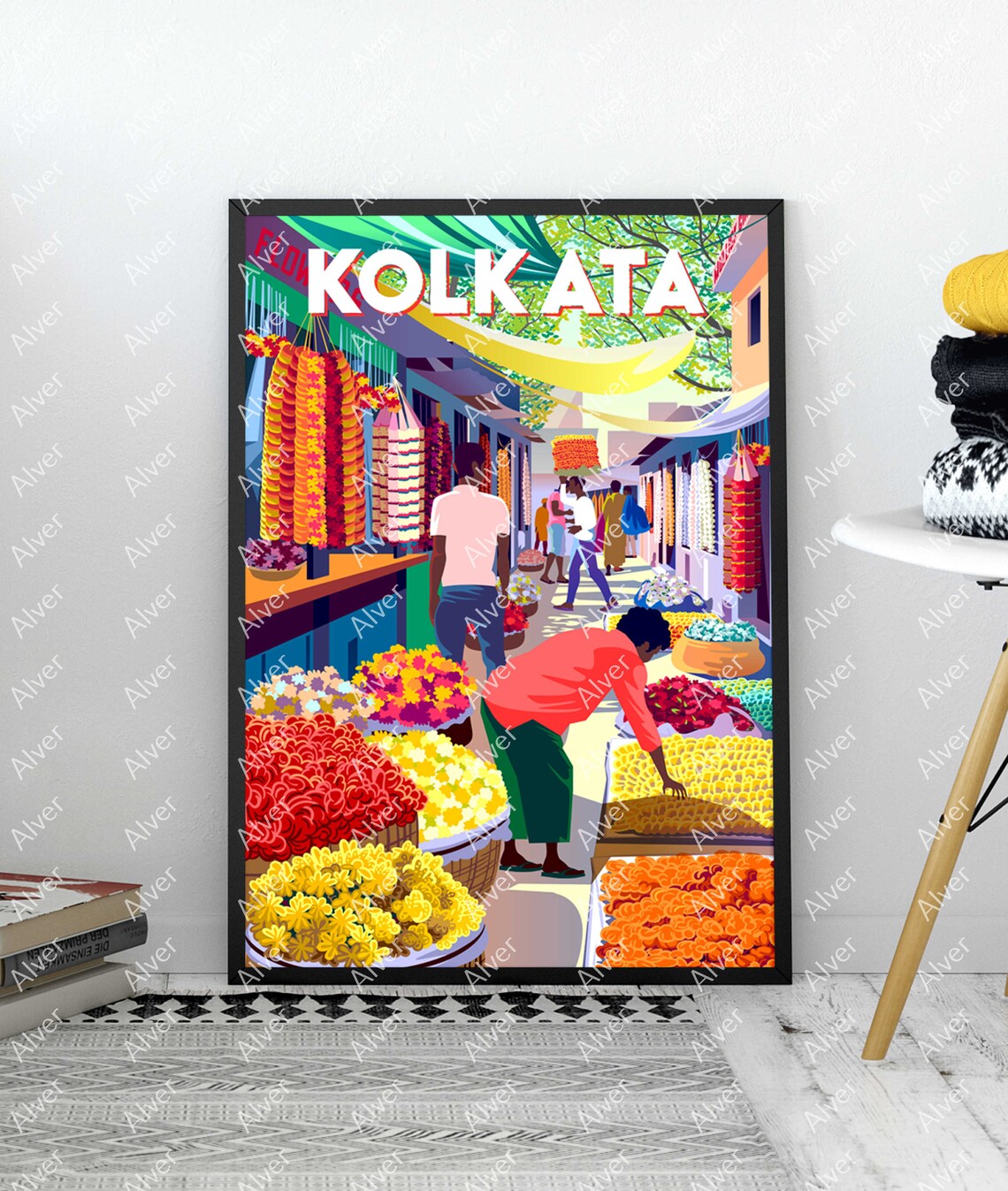Kolkata India Flower Market Marigold Stalls Colorful Travel Poster - Image 3