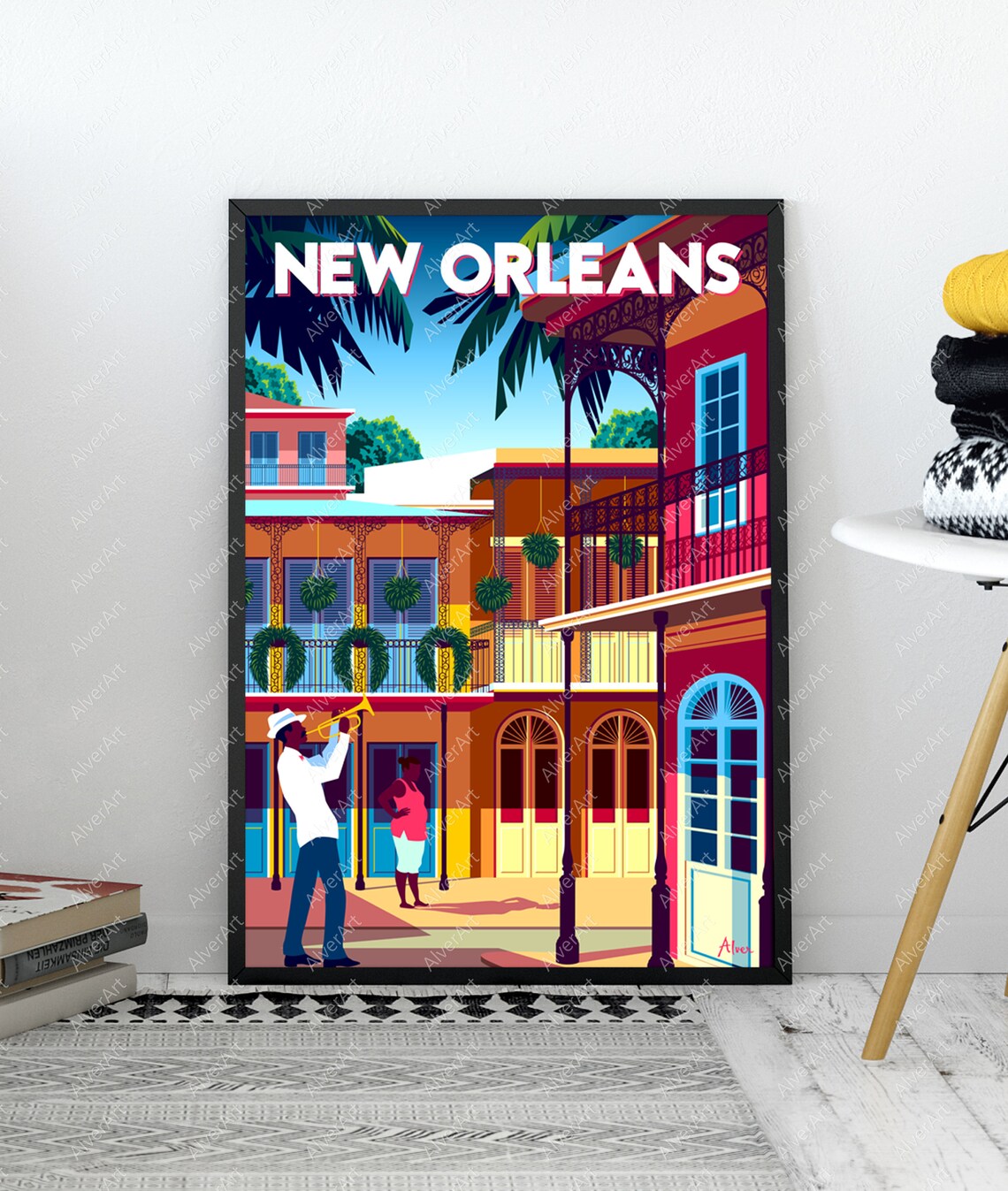 New Orleans French Quarter Street Musician Trumpet Jazz Poster - Image 3