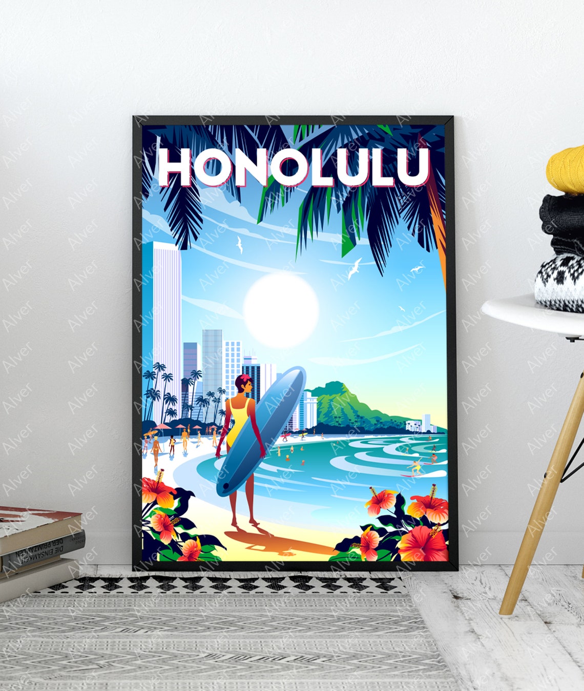 Honolulu Hawaii Waikiki Beach Surfer Diamond Head Travel Poster - Image 3