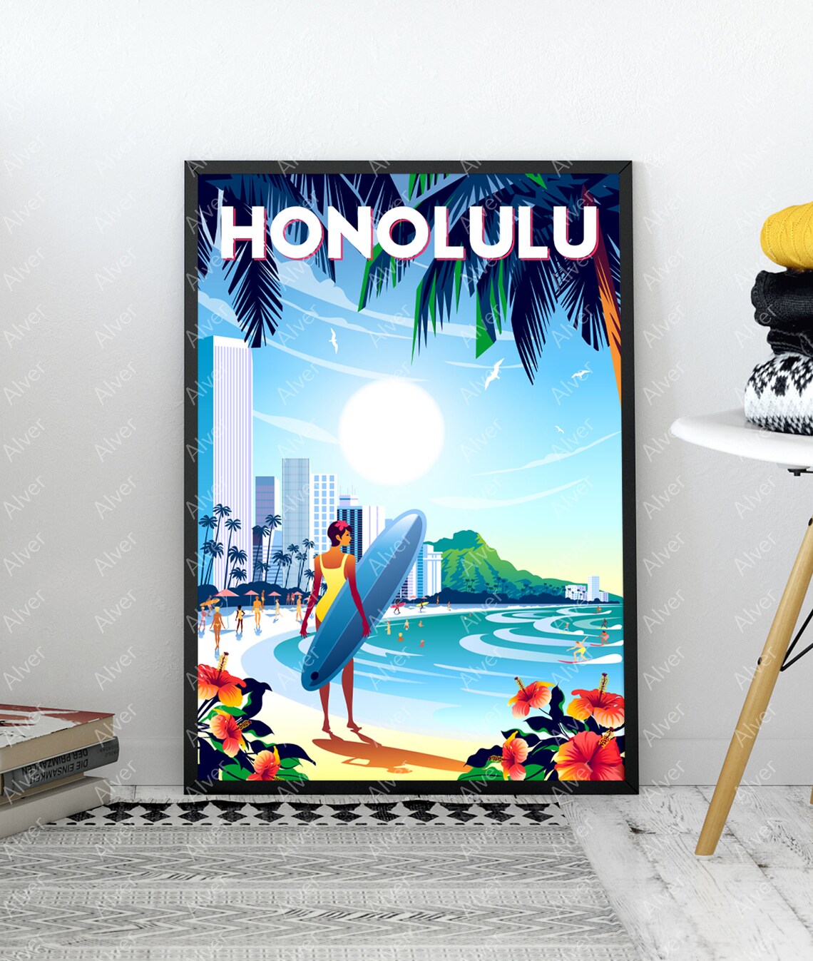 Honolulu Poster Hawaii Poster Hawaii Travel Print Surfing Wall Art Ocean Surfboard Wave Unframed - Image 3