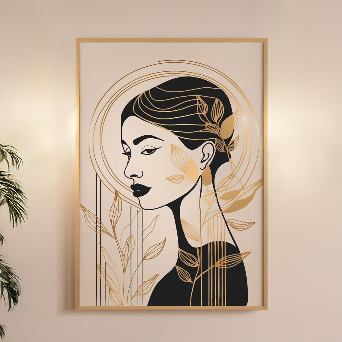 Golden Leaves Woman Portrait Line Art Elegant Luxury Decor Poster