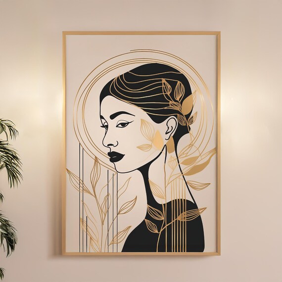Abstract Woman Portrait Line Art File Gold Black Minimalist Poster For Japandi Boho Modern Scandinavian Luxury