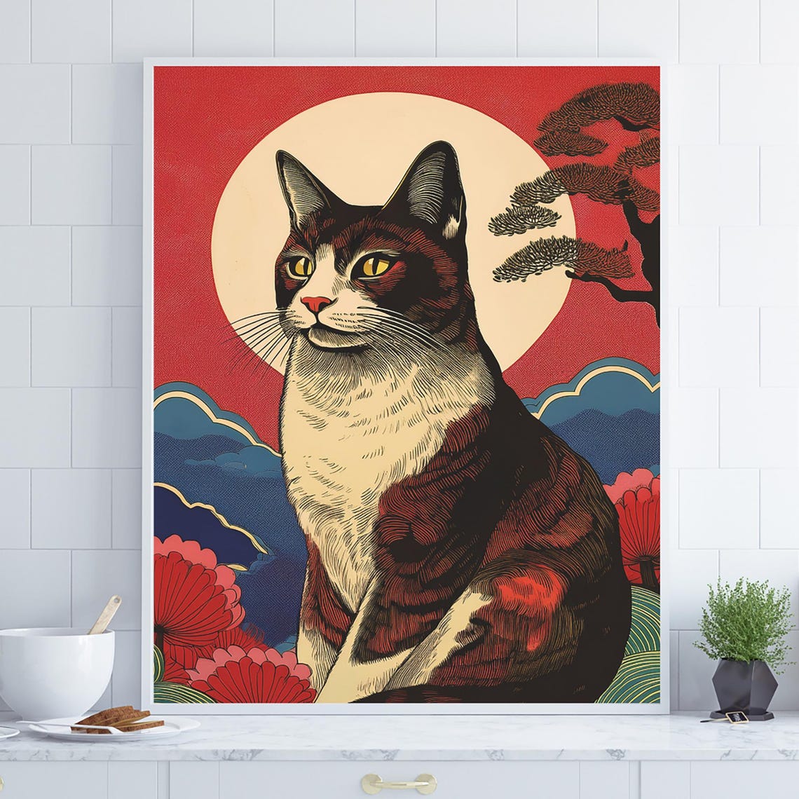 Russet Tabby Cat Before Red Sun Pine Waves Ukiyoe Art Poster