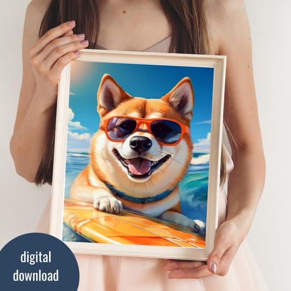 Shiba Inu Wall Art Cute Surf Poster Ocean Beach Decor Dog Lover Gift Print Summer Coastal Home