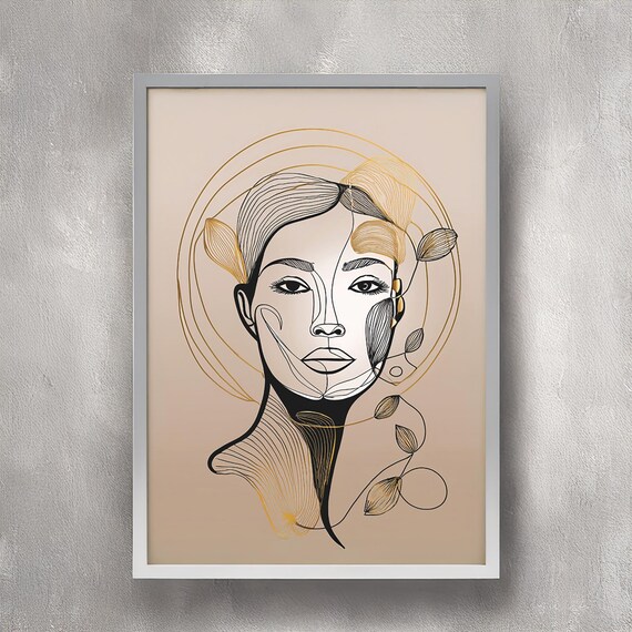 Abstract Line Art Portrait File Minimalist Wall Feminine Face Drawing Modern Black And Gold Artwork
