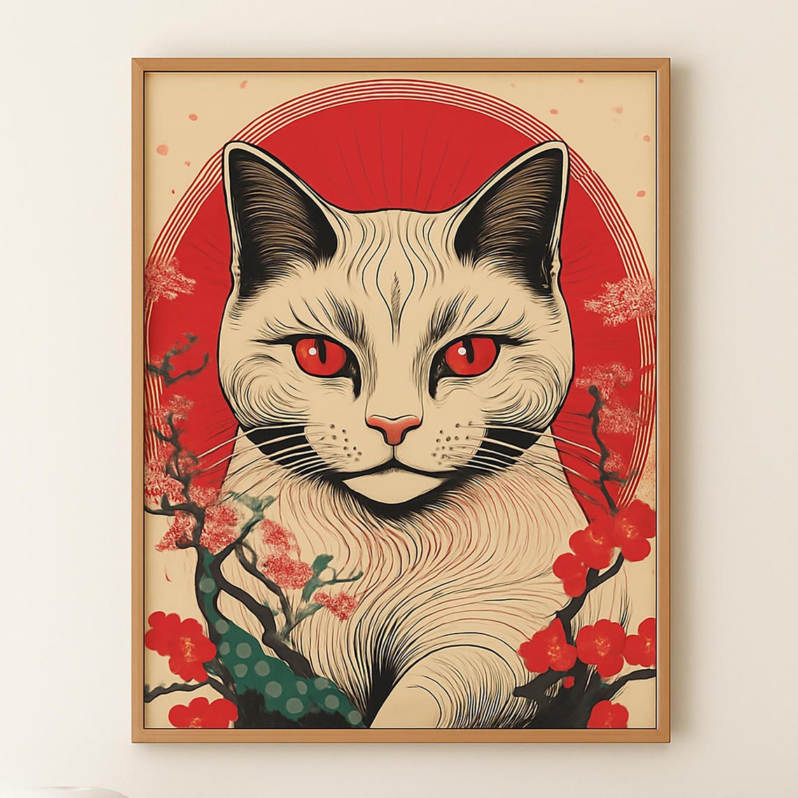 White Cat With Red Eyes Ukiyoe Cherry Blossom Japanese Art Poster