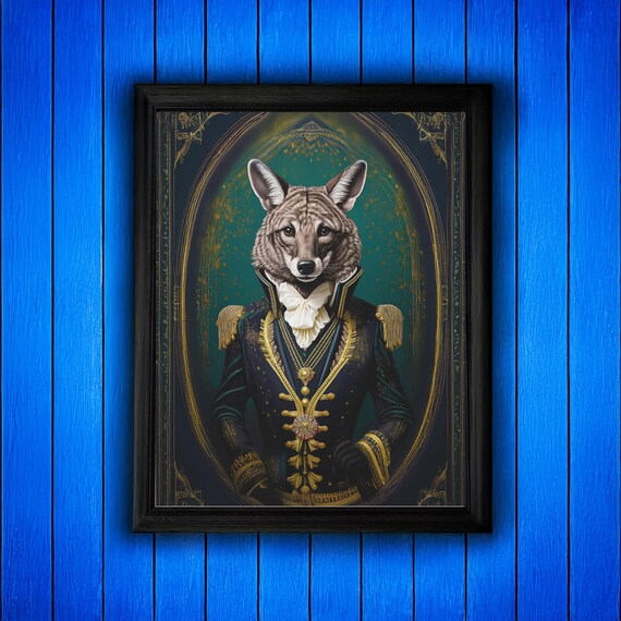 Majestic Wolf Portrait Anthropomorphic Animal Art Print Royal Military Costume Wall Decor Noble Wildlife Illustration