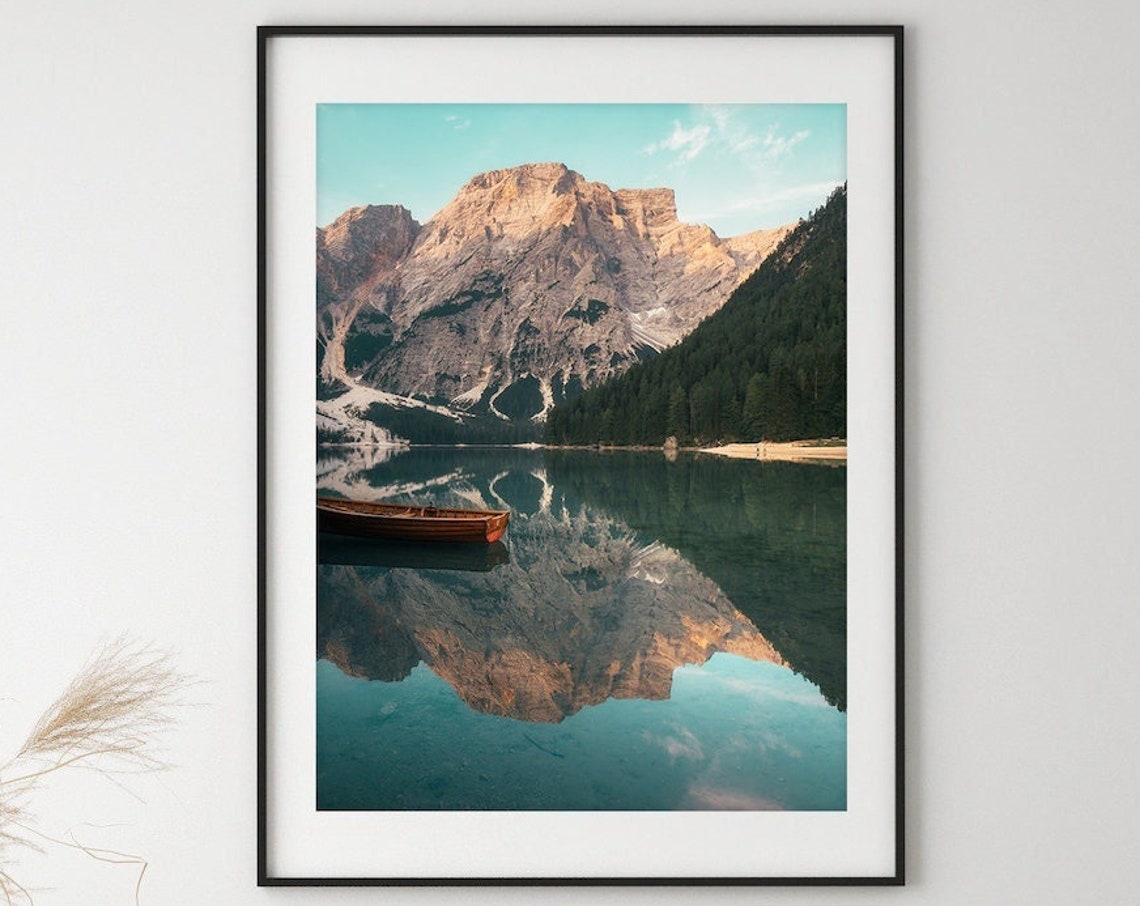 Lago Di Braies Mirror Reflection Lone Rowboat Dolomite Peak Poster - Image 3