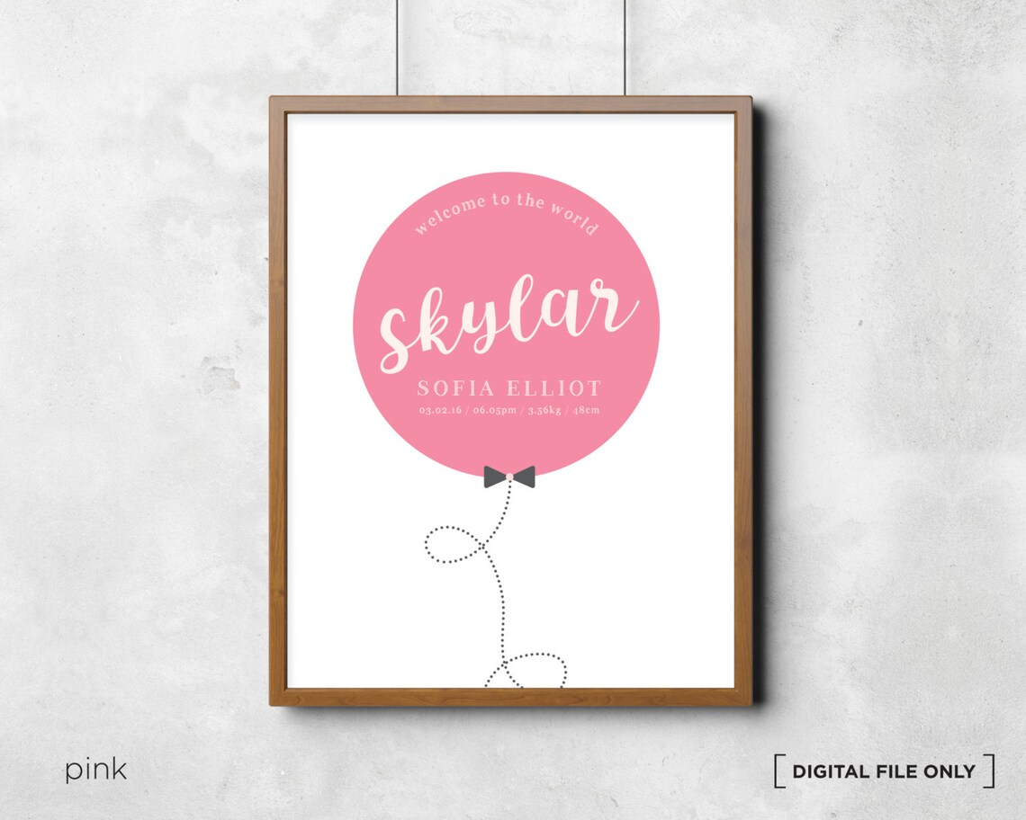 Pink Balloon Baby Girl Birth Announcement Nursery Decor Wall Art