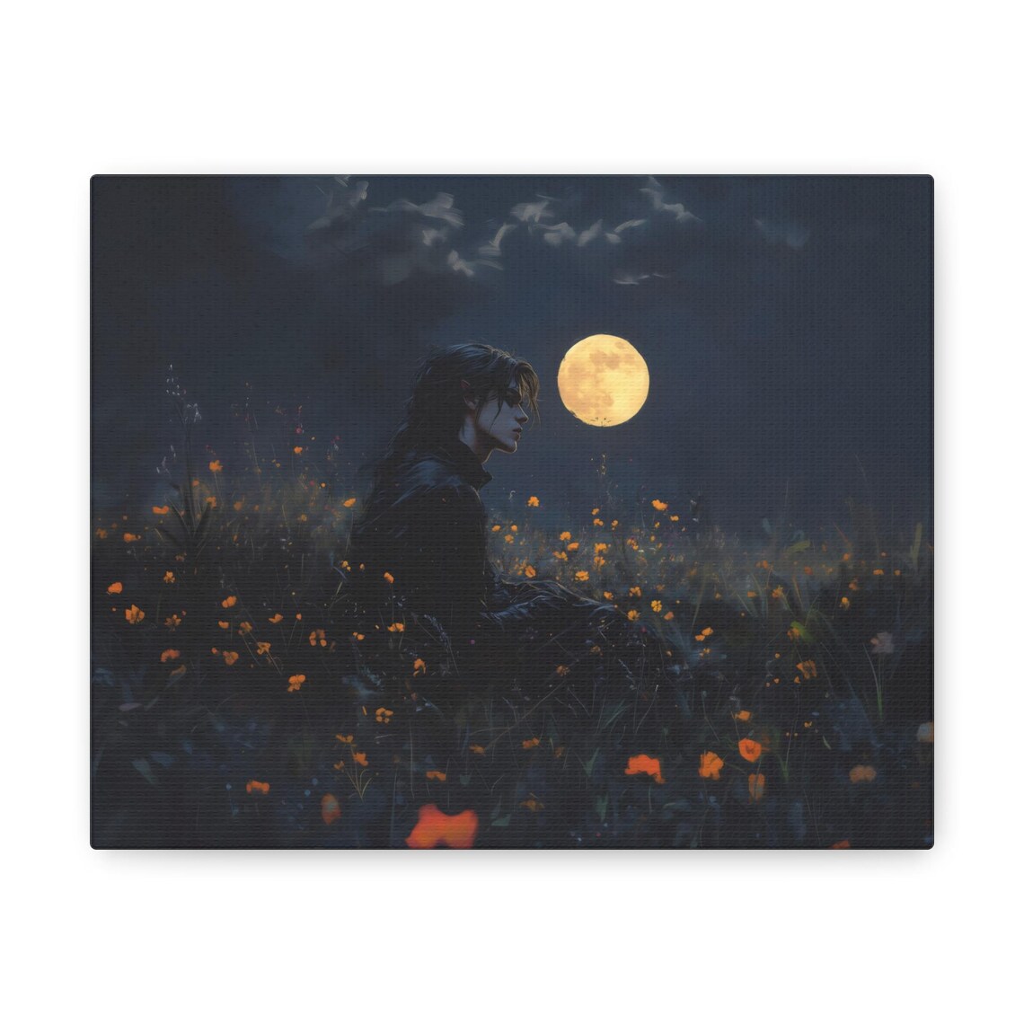 Gothic Vampire Sitting in a Wildflower Meadow Under the Moon Night Art Poster - Image 2