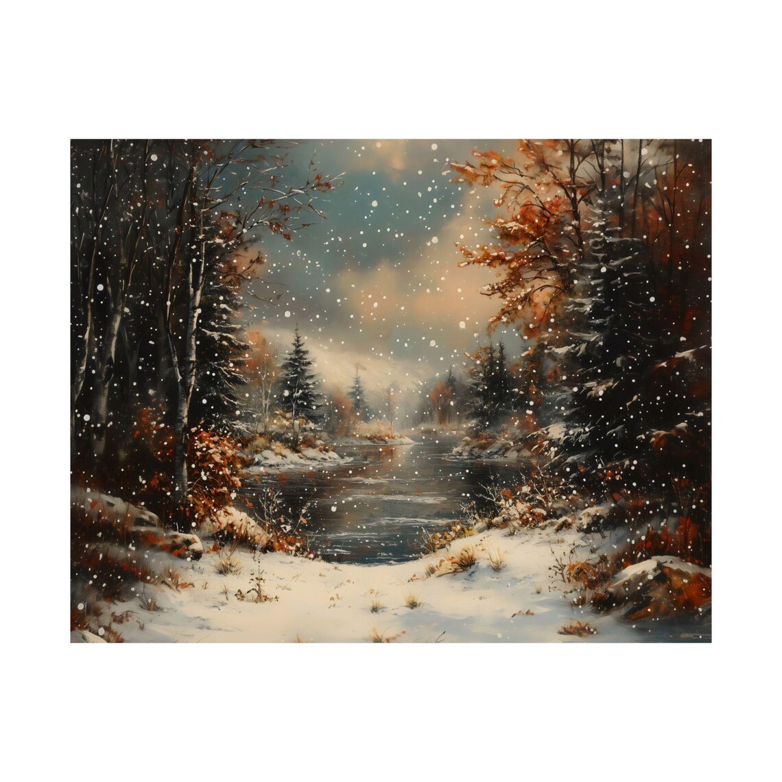 Orange Autumn Trees Along A Snowy Stream In First Winter Snowfall Poster - Image 3