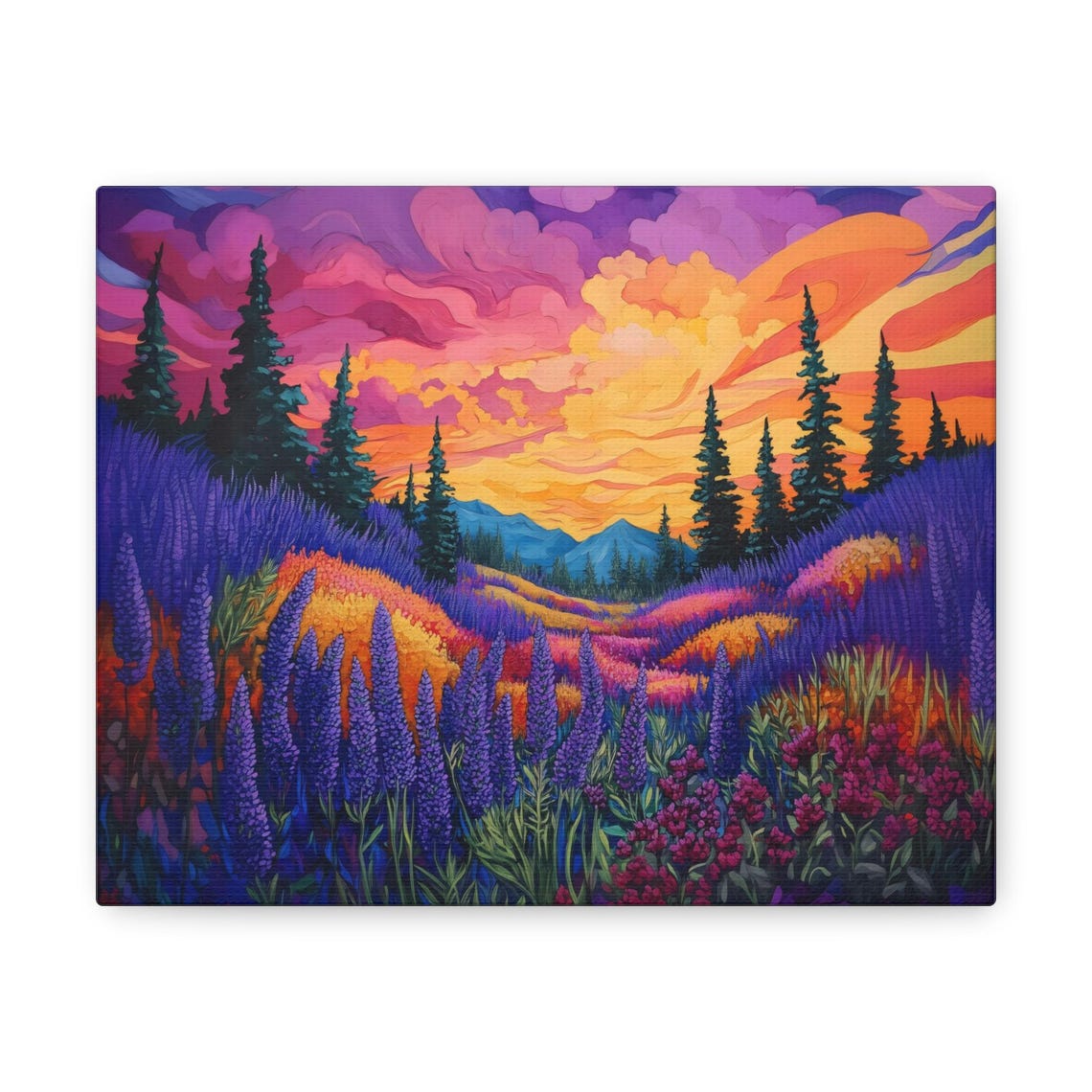 Vivid Lavender Hills at Sunset With Pines Under a Flaming Sky Poster - Image 3