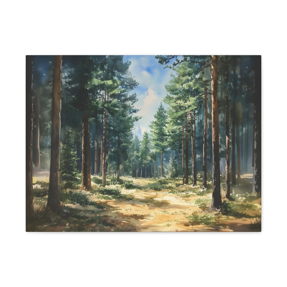 Sunlit Pine Forest Watercolor Painting Tall Trees Woodland Path Poster - Image 3