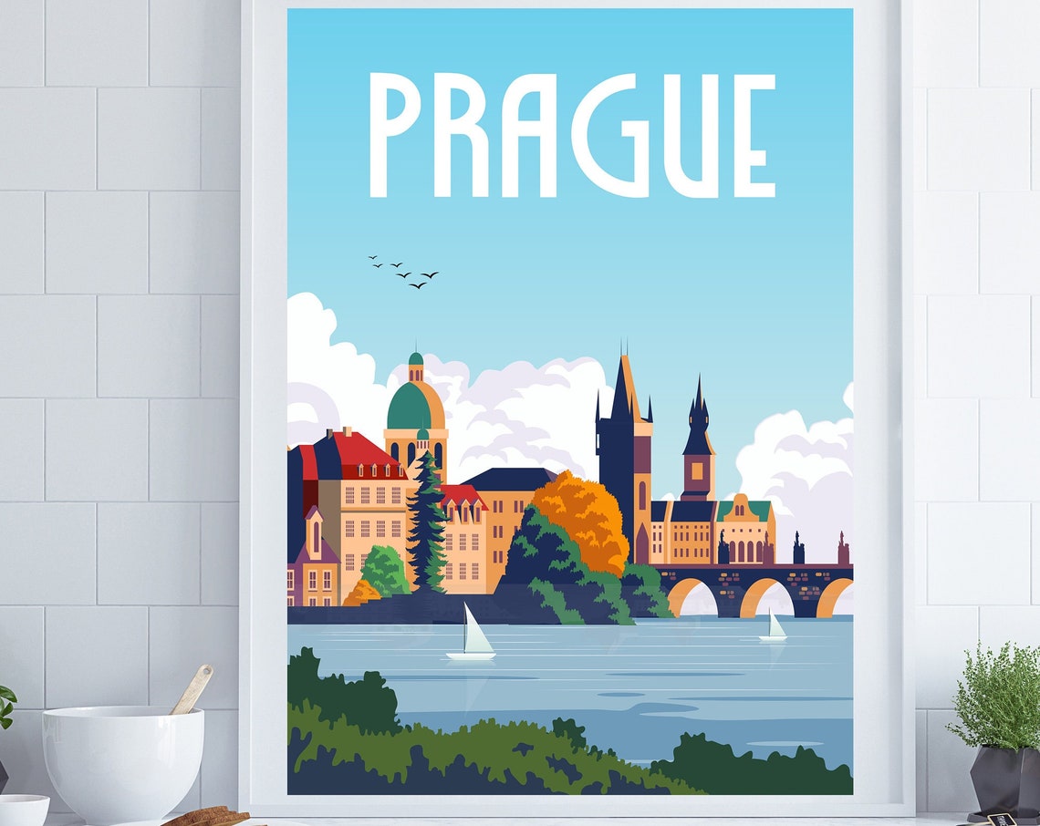 Prague Old Town Gothic Spires River Bridge Vintage Travel Poster
