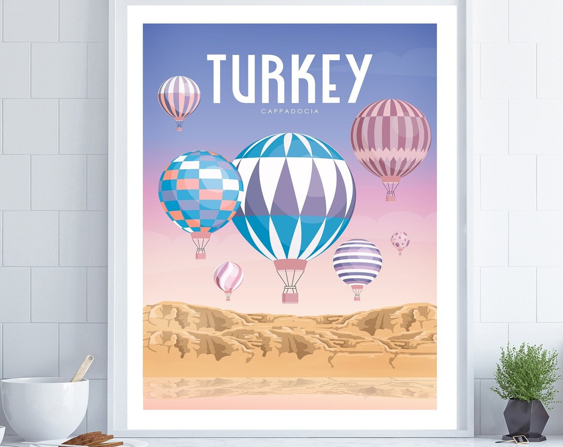 Turkey Cappadocia Hot Air Balloons Dawn Sky Retro Travel Poster