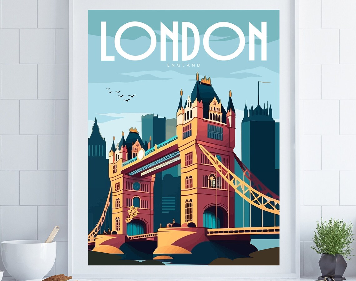 London Travel Poster, Retro Tower Bridge Art Print