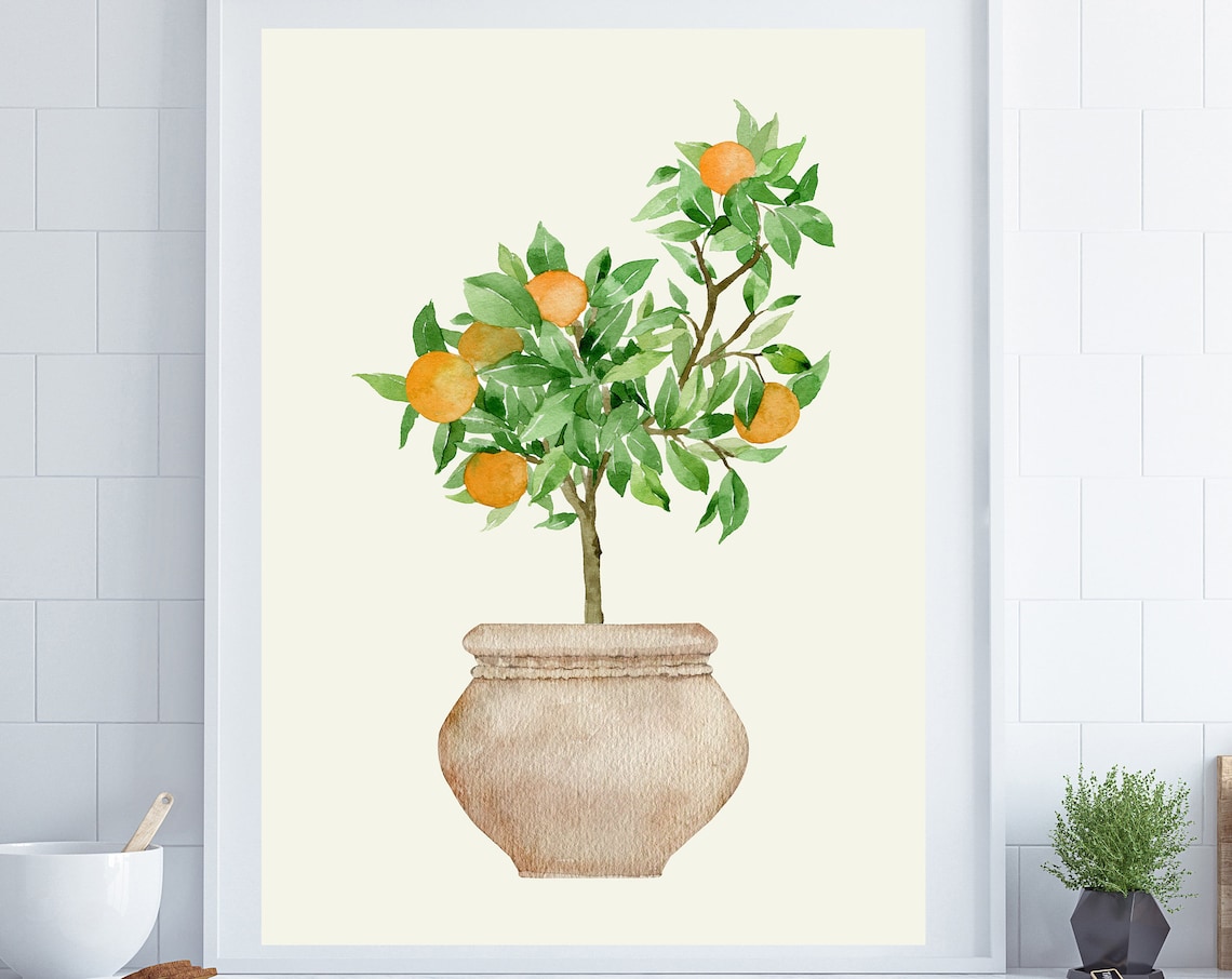 Potted Orange Tree Watercolor Botanical Citrus Kitchen Poster