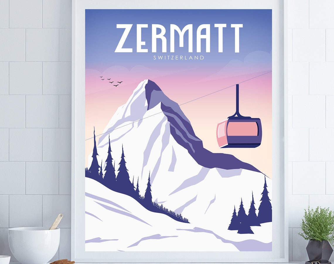 Zermatt Switzerland Matterhorn Peak Gondola Sunset Travel Poster
