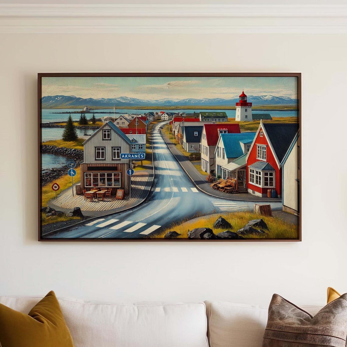 Akranes Iceland Coastal Town Lighthouse Street Painting Poster