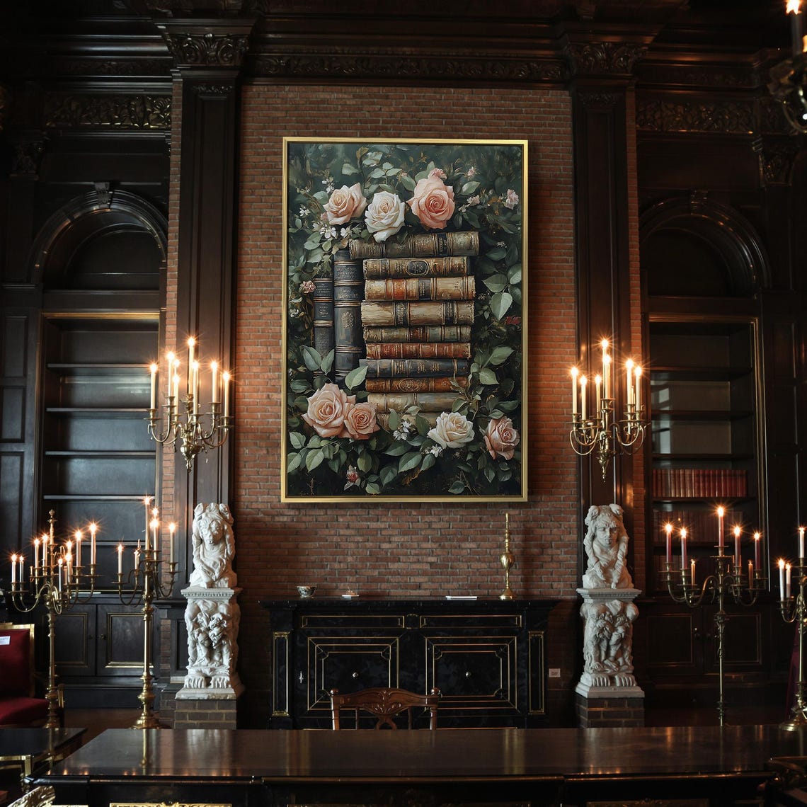 Vintage Book Stack Blush Roses Green Foliage Library Art Poster - Image 2