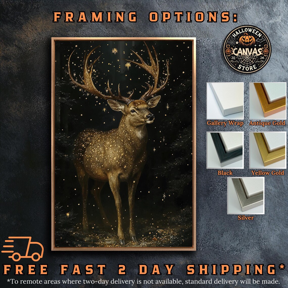 Enchanted Sparkling Deer With Golden Antlers In Dark Mystical Forest Poster - Image 5