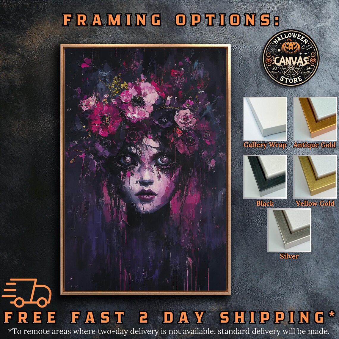 Haunting Surreal Woman Pink Flowers Dark Purple Gothic Portrait Wall Art - Image 5