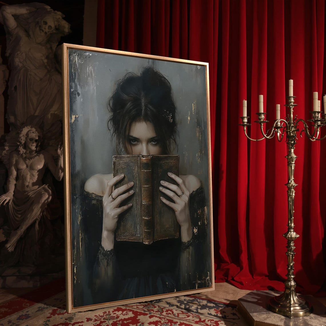 Dark Gothic Woman Holding Old Book Moody Portrait Art Poster - Image 4