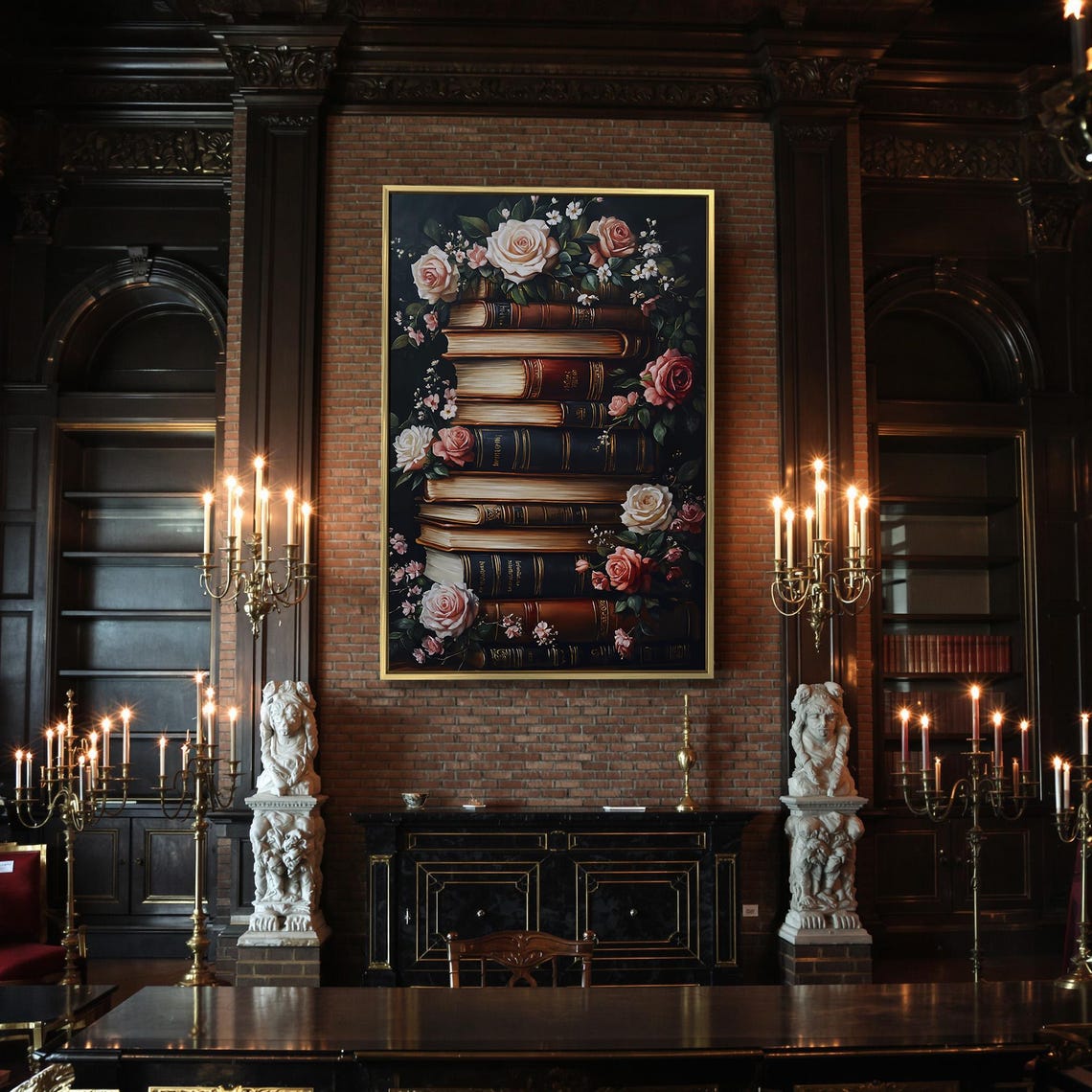 Vintage Book Stack With Pink Roses Dark Library Painting Poster - Image 2