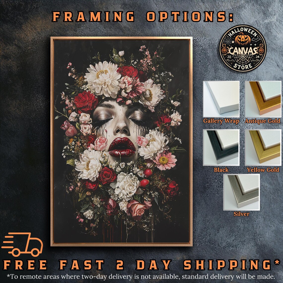 Gothic Female Face Hidden Among Red And White Flowers Dark Beauty Poster - Image 4