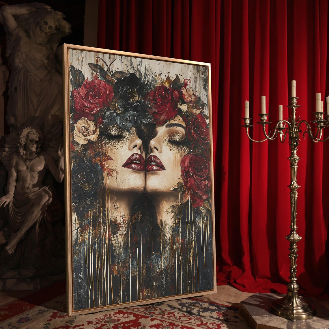 Mirrored Gothic Women Faces With Red Roses Dark Beauty Art Poster - Image 4