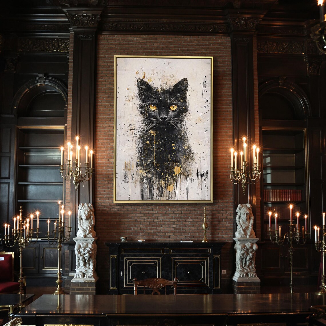 Black Cat Yellow Eyes Abstract Ink Gold Splatter Modern Feline Wall Art Poster - Image 2