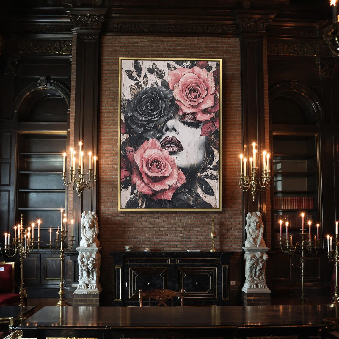 Gothic Woman Face Among Pink and Black Roses Glam Art Poster - Image 2