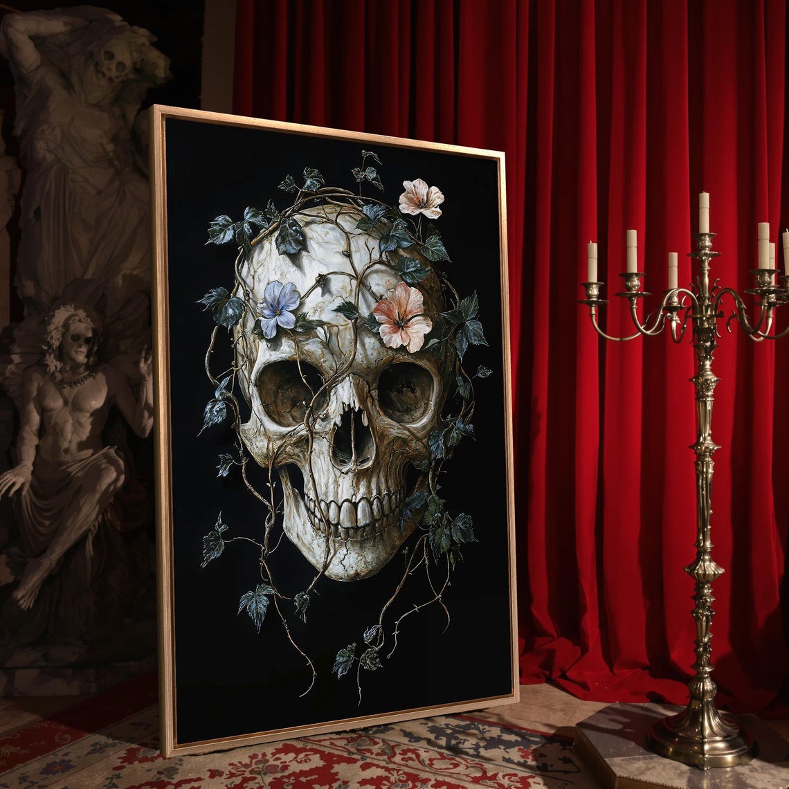 Skull Wrapped in Wildflower Vines Botanical Dark Painting Poster - Image 4