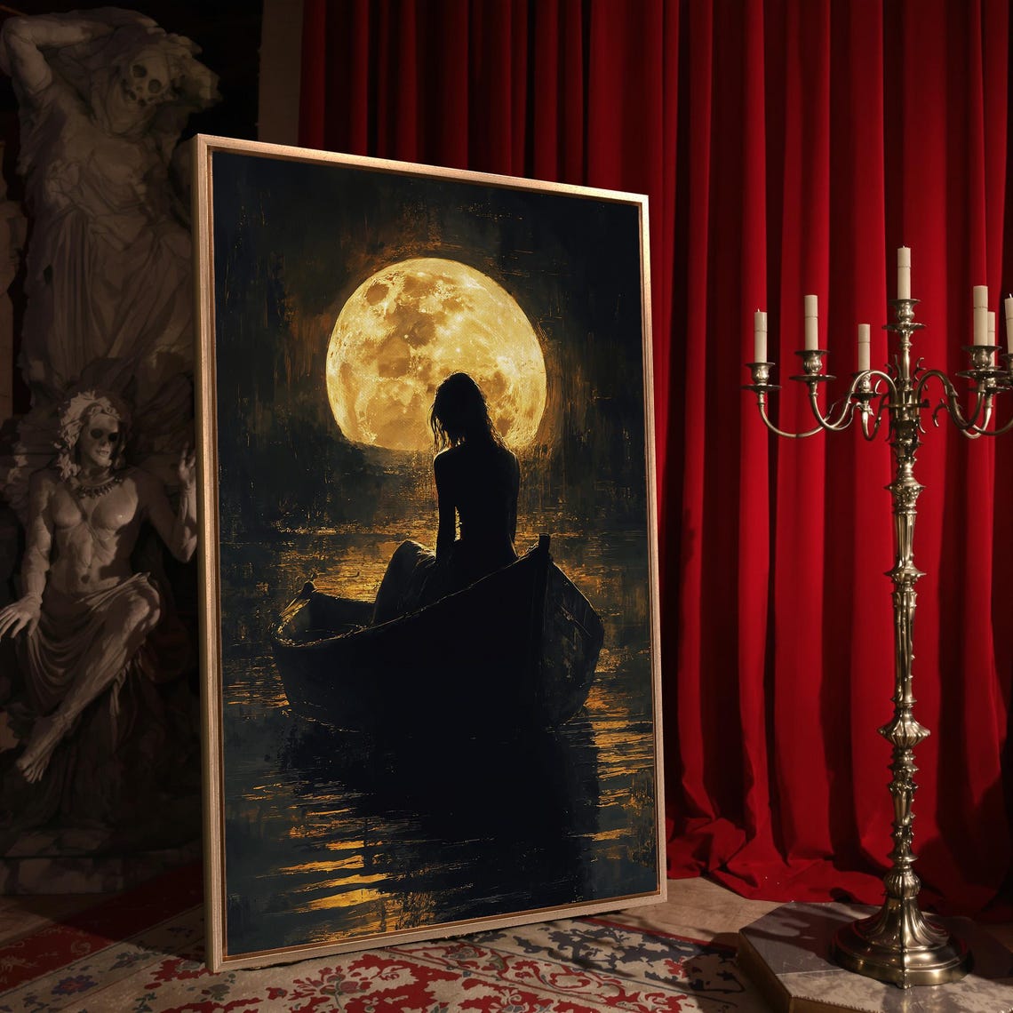 Woman In Boat Under Golden Full Moon Night Water Reflection Poster - Image 4