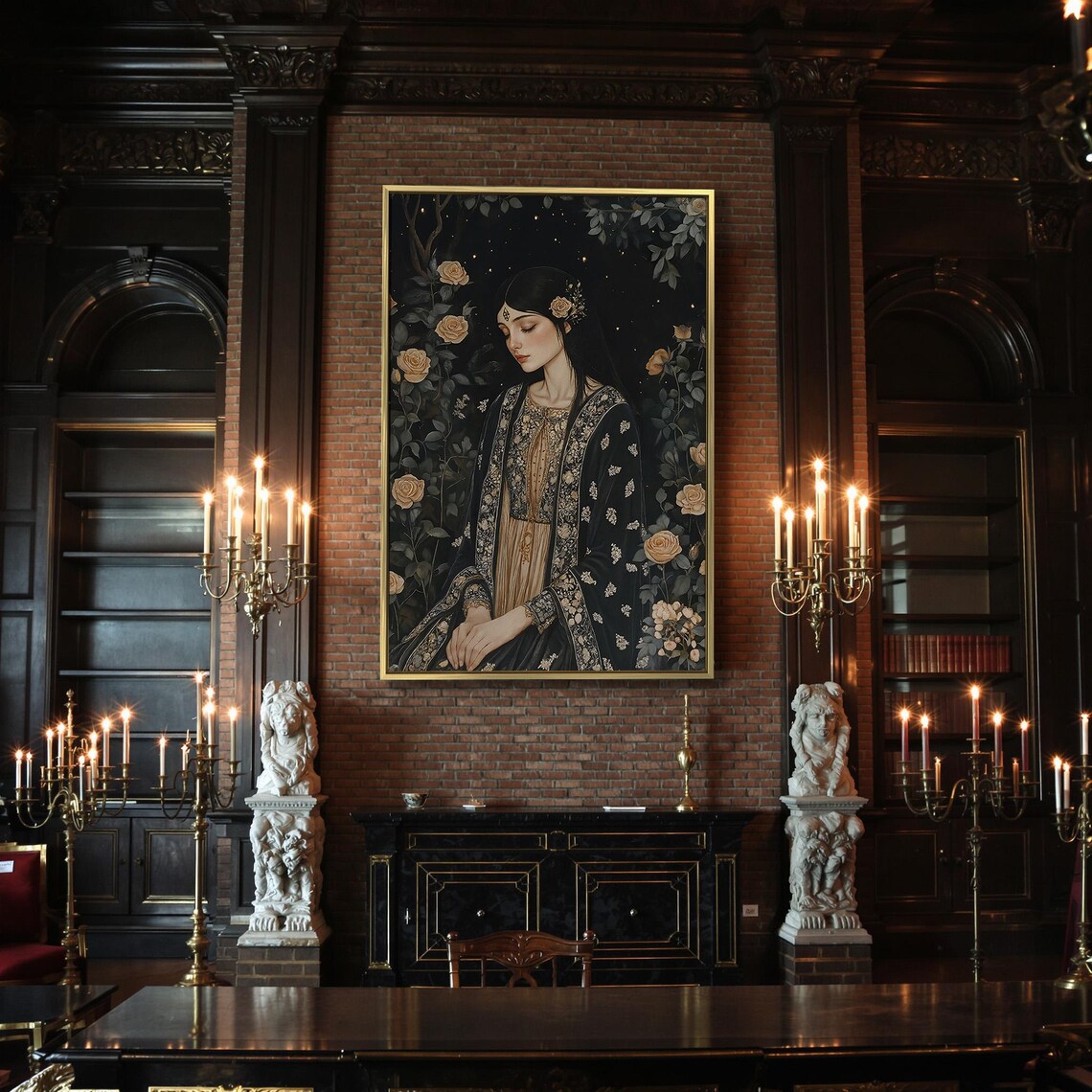 Woman Embroidered Black Robe Night Roses Starry Garden Dark Romance Wall Art - Image 2