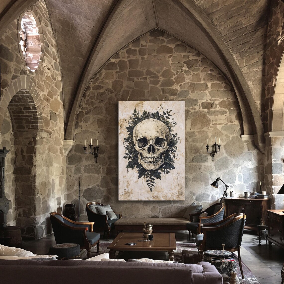 Gothic Skull Dark Leaves Memento Mori Vintage Style Spooky Botanical Wall Poster - Image 3