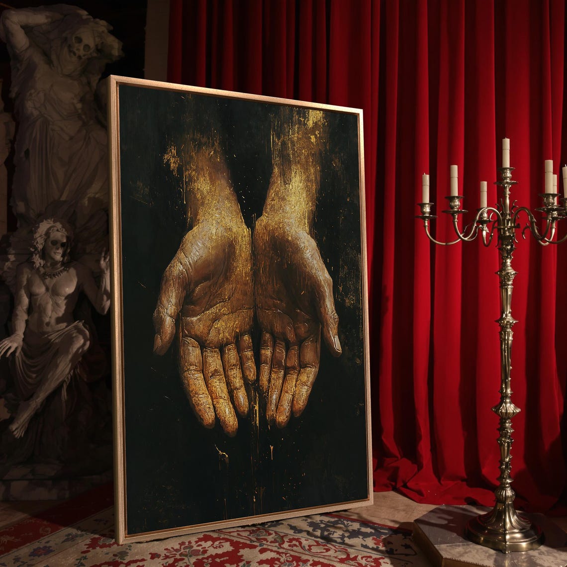 Realistic Golden Hands Palms Up Dark Moody Expressive Fine Art Poster - Image 4