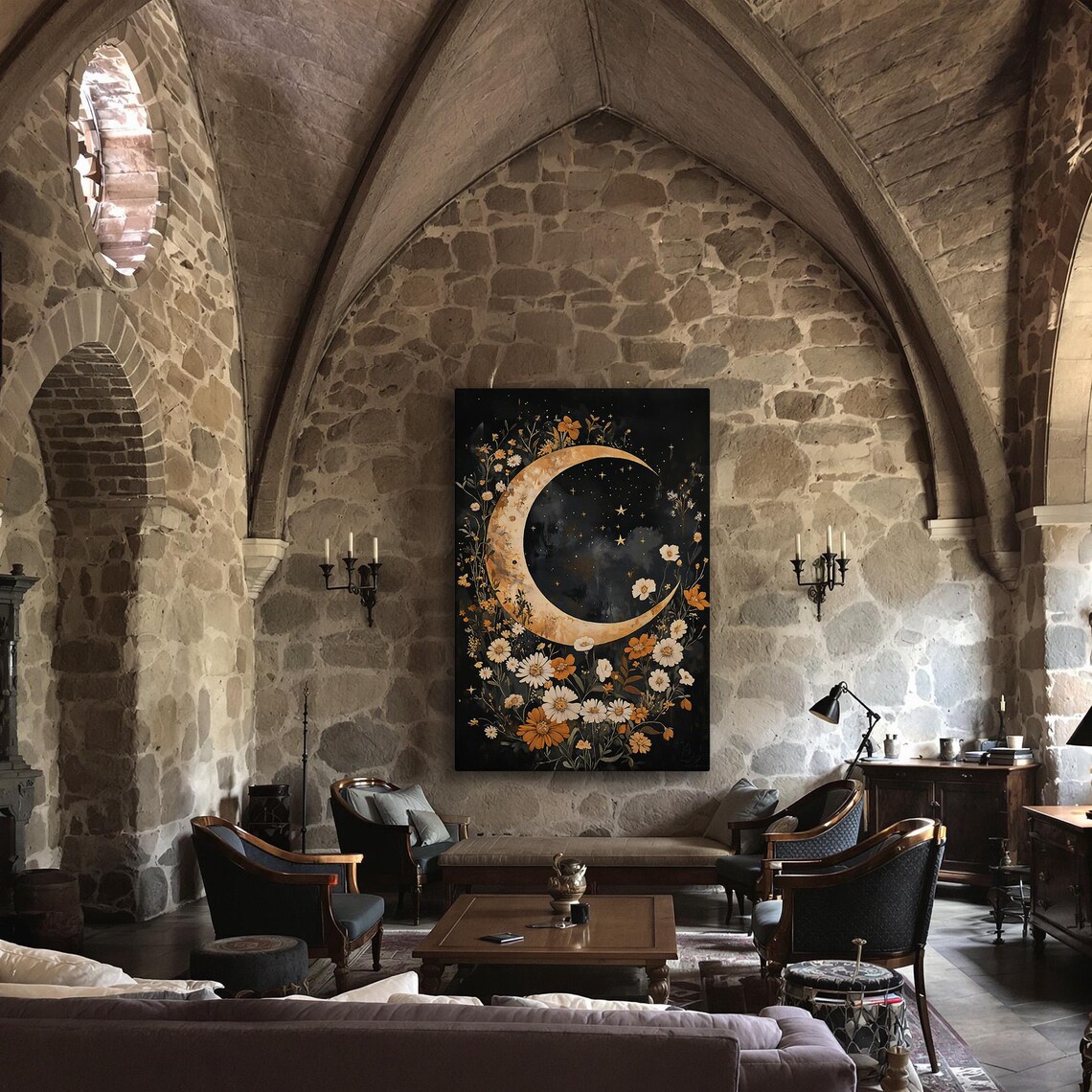 Golden Crescent Moon Wildflower Night Sky Dark Celestial Floral Wall Art - Image 3