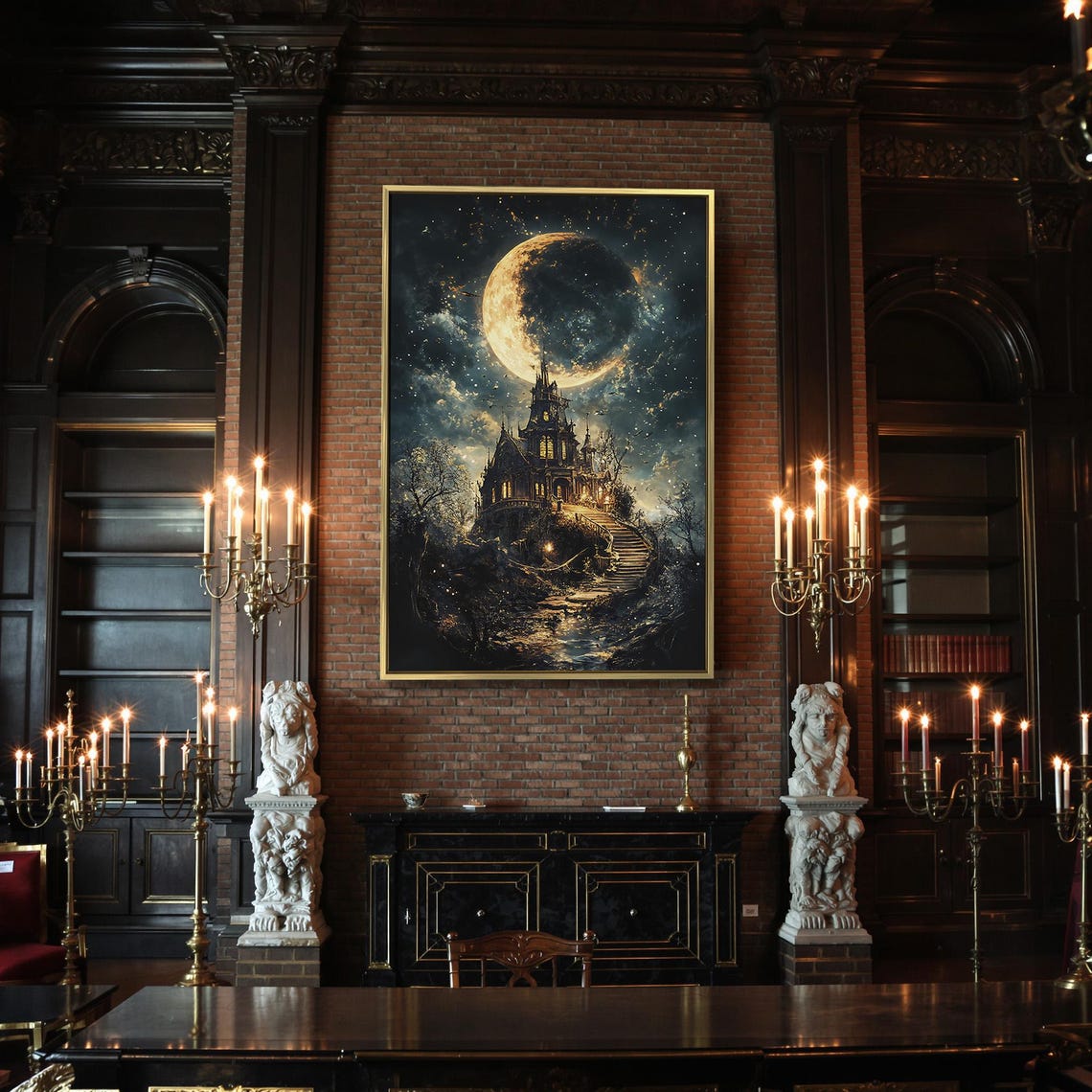 Gothic Castle Under Crescent Moon Starry Night Fantasy Art Poster - Image 2